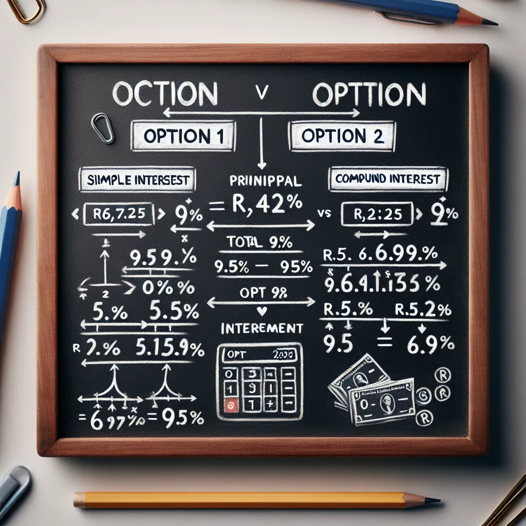 To verify if Tebogo's father is correct about Option 1 being better than Option 2, we must calculate the total cost for each option at the end of 2 years.

### Option 1: Simple Interest Formula
\[ \text{Total Amount} = P(1 + rt) \]
Where:
- \( P \) is the principal amount (R5,425),
- \( r \) is the annual interest rate (9.7% or 0.097),
- \( t \) is the time the money is borrowed for (2 years).

\[ \text{Total Amount} = 5425 \times (1 + 0.097 \times 2) \]
\[ \text{Total Amount} = 5425 \times (1 +