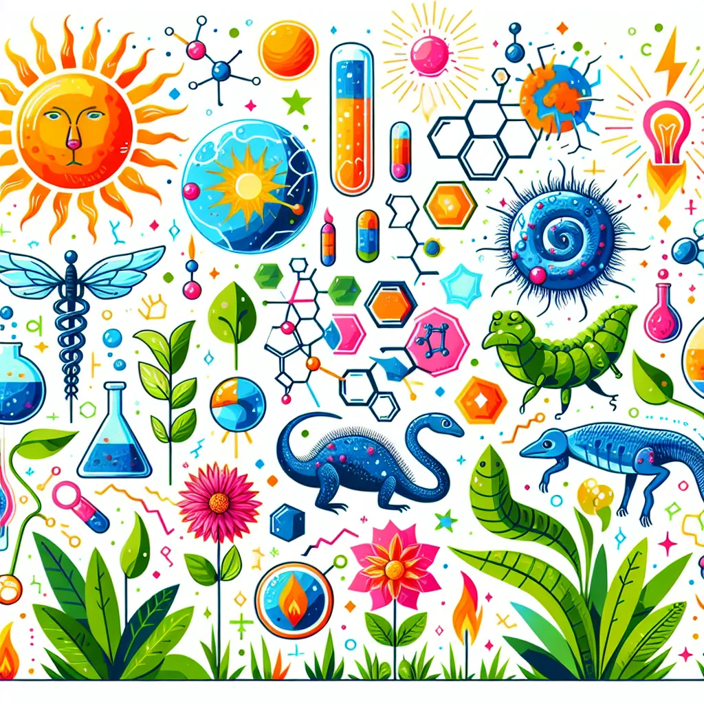 Illustration of various organisms, including plants and animals, surrounded by colorful energy representations like sunlight, electrical sparks, and chemical structures to signify the types of energy they use.