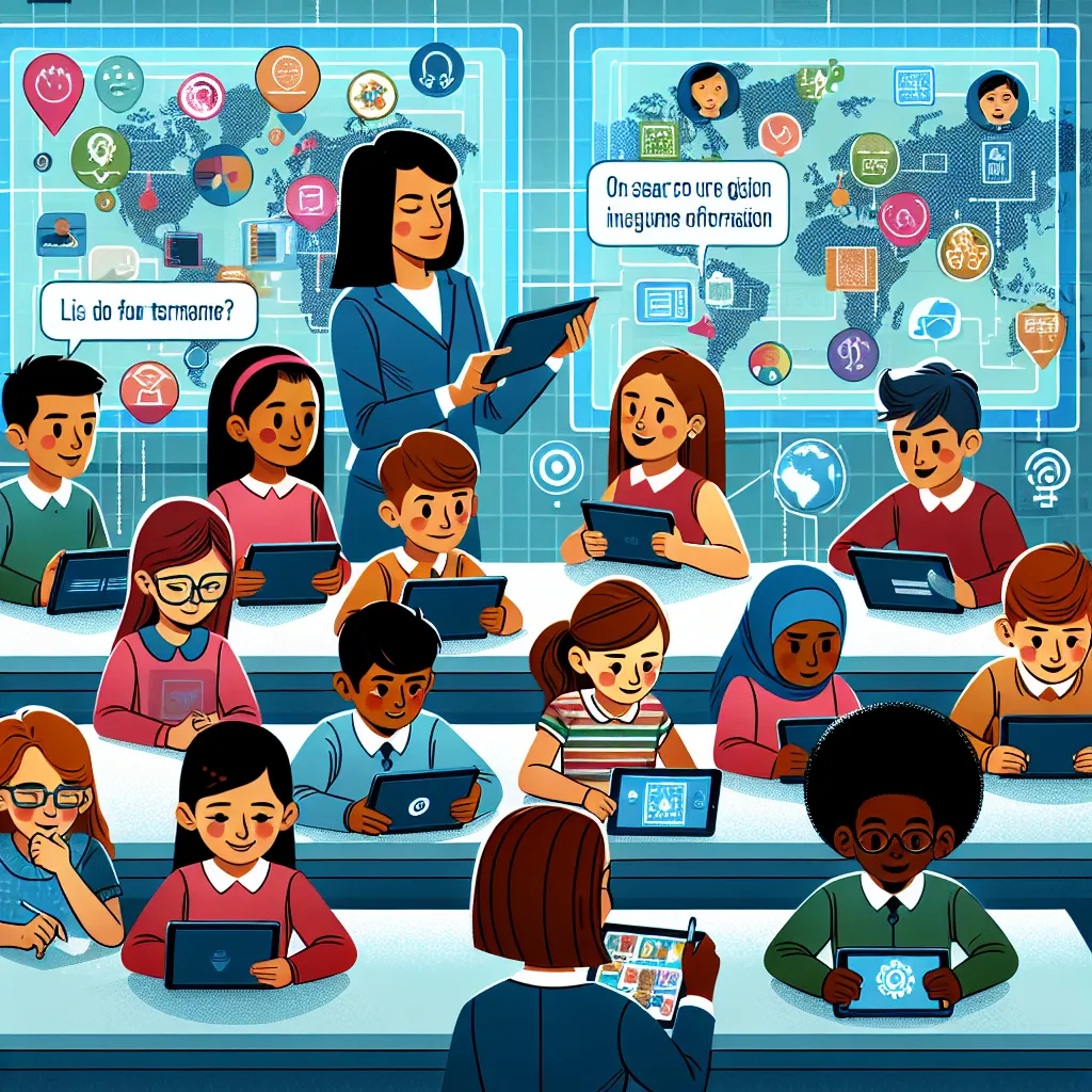 Create an infographic illustrating a classroom setting where students engage in a digital scavenger hunt. The scene shows students using tablets to search for information around the classroom, with a teacher guiding them and interactive digital displays in the background.