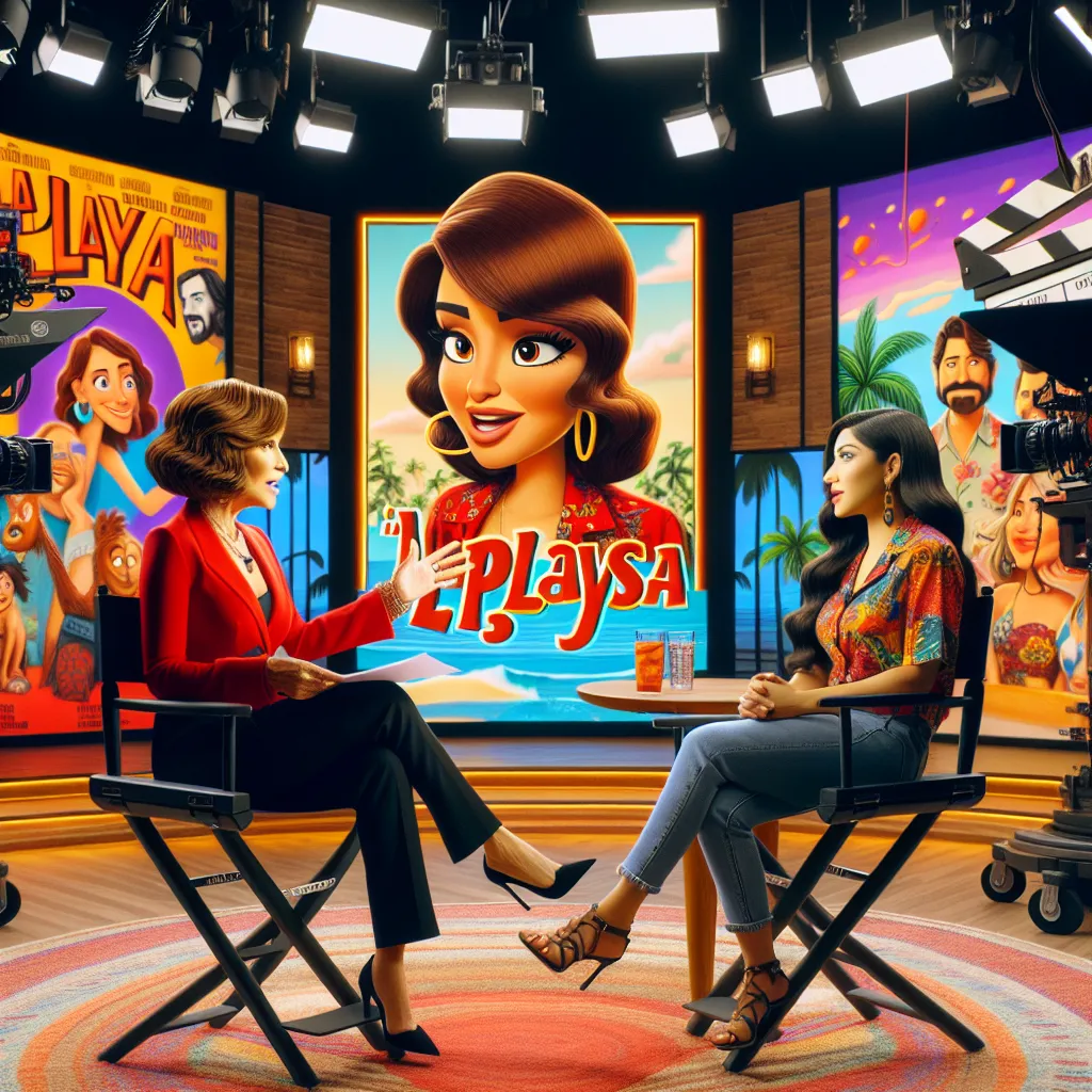 A vibrant scene depicting a TV studio with Juanita Ríos interviewing Belinda Tragicómica, with a backdrop featuring movie posters including "La Playa" and comic elements to emphasize the humor.