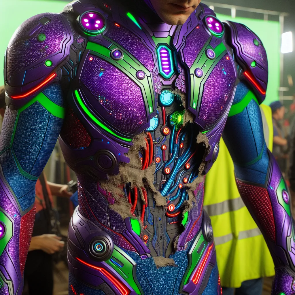 In the behind-the-scenes documentary of the "Winx Club" live-action adaptation, special effects directors reveal that Tekna's costume, worn by Maisie Williams, was one of the most complex outfits to create. The torn suit featured intricate purple and green elements, designed to reflect her technological powers. During a particularly intense fight scene, the fabric of her suit tore at the seam along the right shoulder, creating a noticeable rip that extended down the arm. Additionally, a small ho