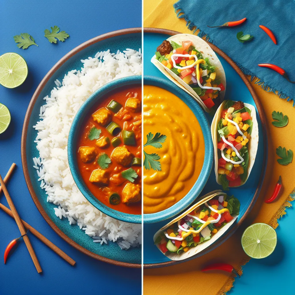 Split image of a vibrant bowl of curry with rice on one side and a plate of colorful tacos with various toppings on the other, showcasing the deliciousness of both dishes.