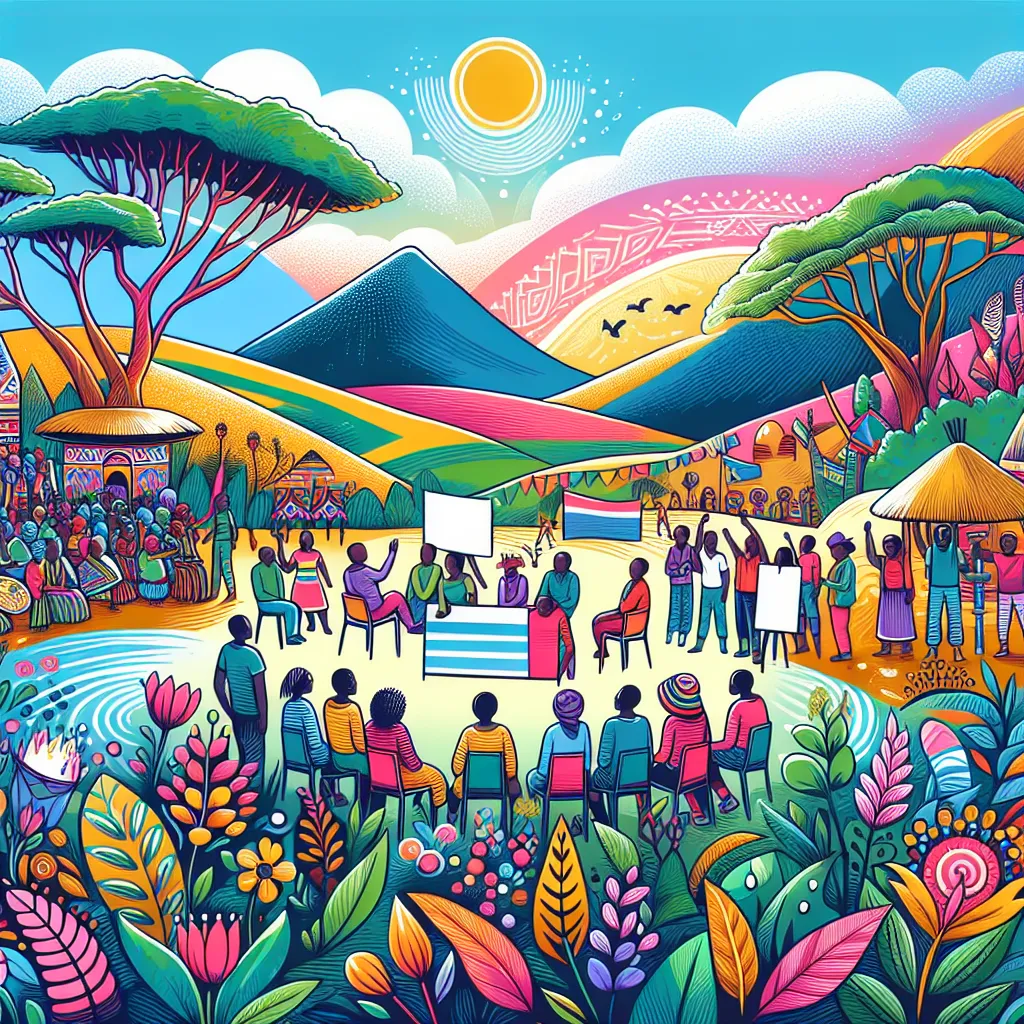 An illustration depicting a South African landscape with vibrant colors, featuring a community gathering where people openly share their feelings about the political situation, surrounded by lush nature and traditional symbols.