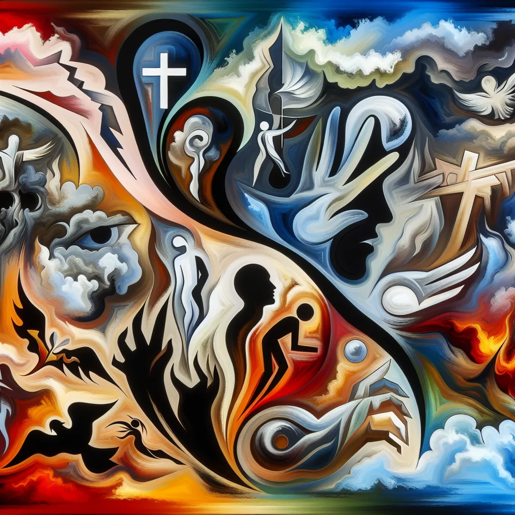 Rodrigo, Tragedia, Odiar, Redención, Esperanza in an abstract style