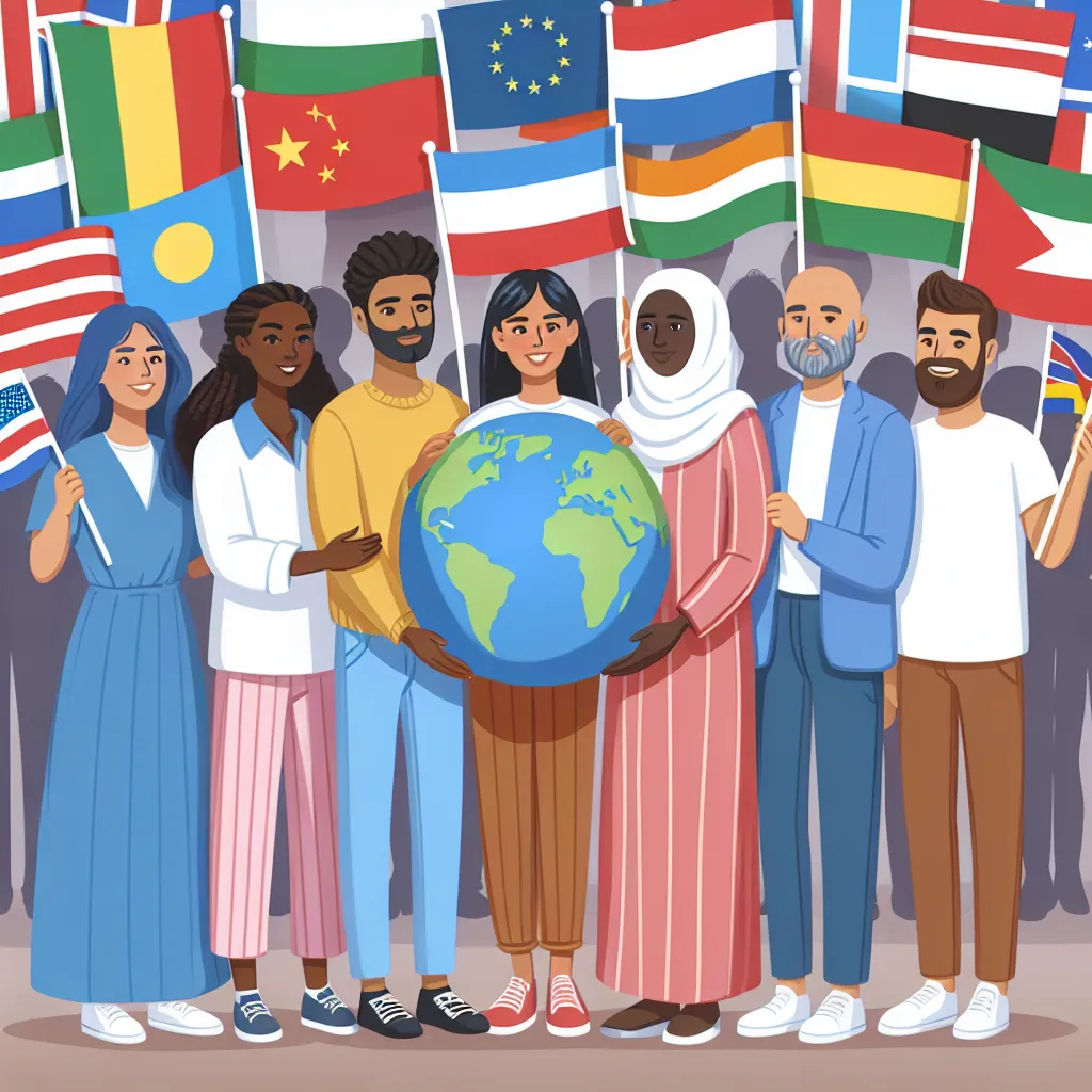 Illustration of a diverse group of people holding a globe together, surrounded by various national flags.