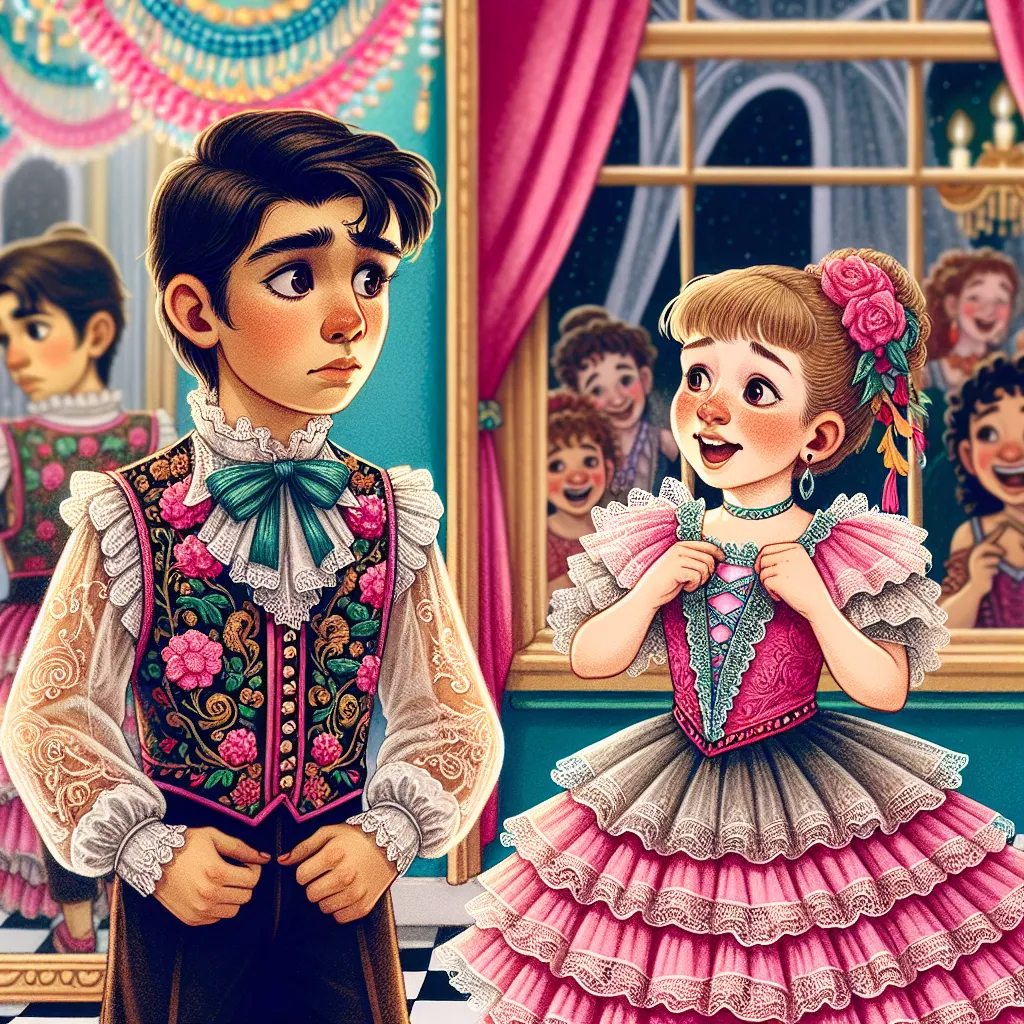 Illustration of a young boy wearing a frilly pink ballet costume, looking both bewildered and amused, as his giggling sister stands nearby in a dance studio with mirrors and colorful decorations.