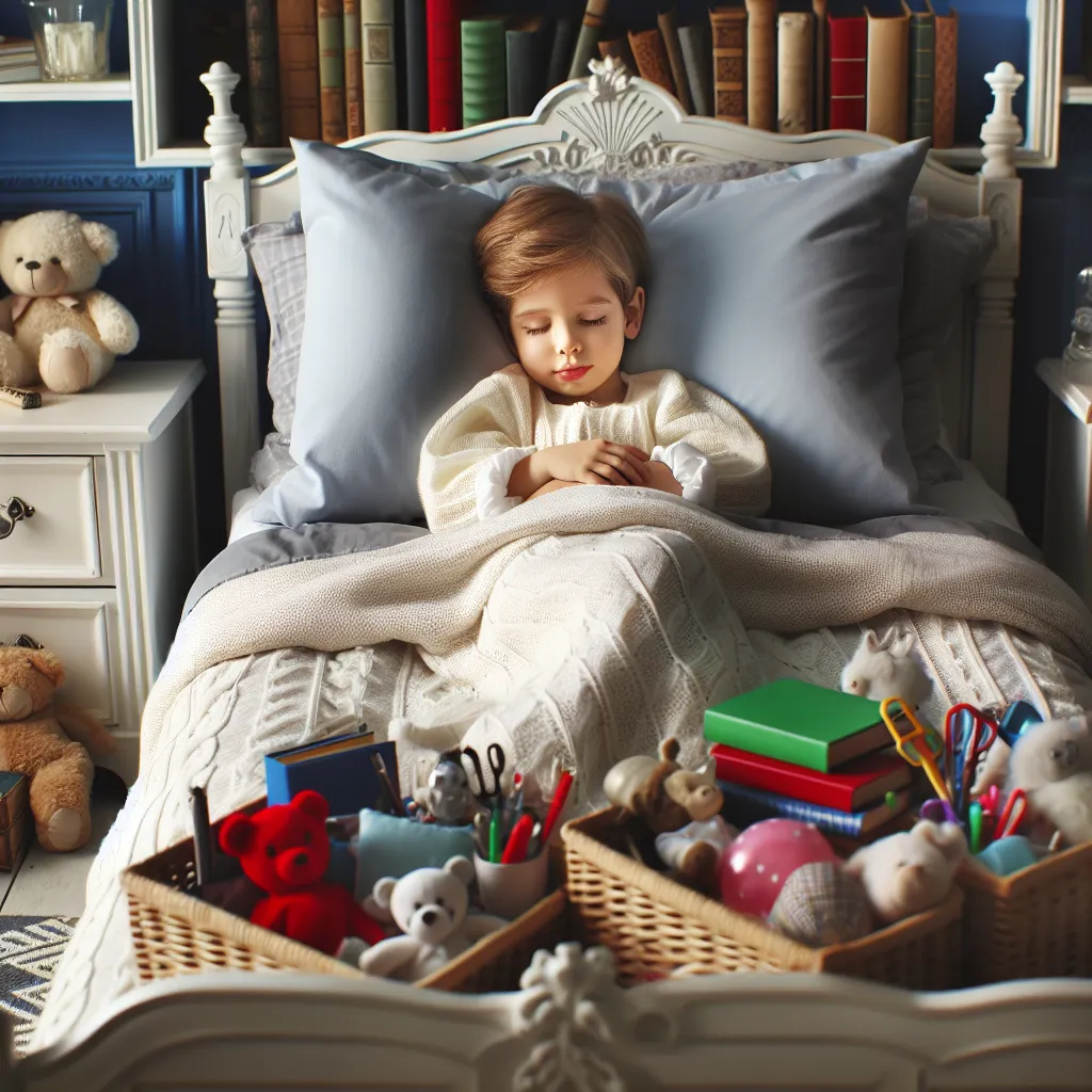 A cozy image of a child peacefully sleeping in a well-decorated bedroom, surrounded by books and toys, emphasizing the importance of sleep.