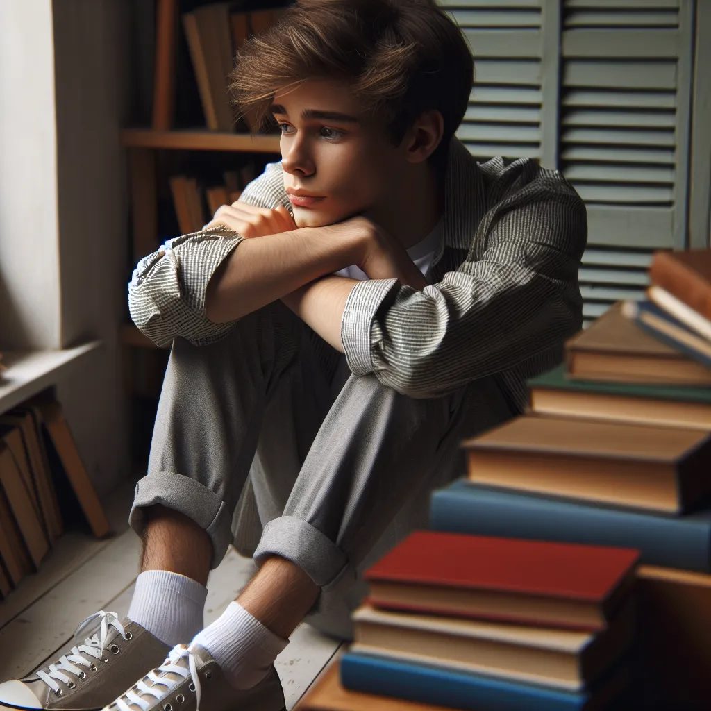 Imagen de un joven de aspecto suave y tímido, sentado en una pequeña habitación, rodeado de libros y mirando pensativamente por la ventana.