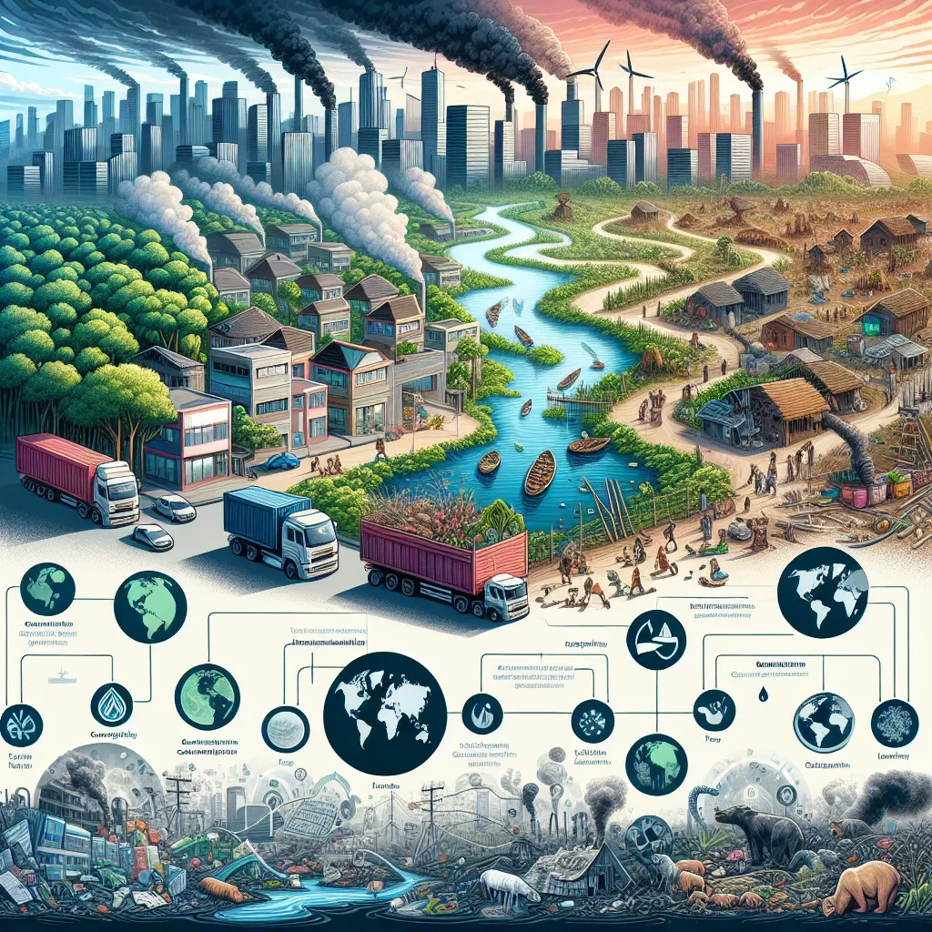 1. **Overpopulation's Effect on the Environment**: Illustration of a crowded city skyline with pollution and stressed natural resources, highlighting the challenges of overpopulation.

2. **High-Income Country vs. Low-Income Country Environmental Impact**: Infographic comparing resource consumption and waste generation between high-income and low-income countries, showcasing differences in environmental footprints.

3. **Deforestation's Impact on Local Communities**: Artwork depicting a communit