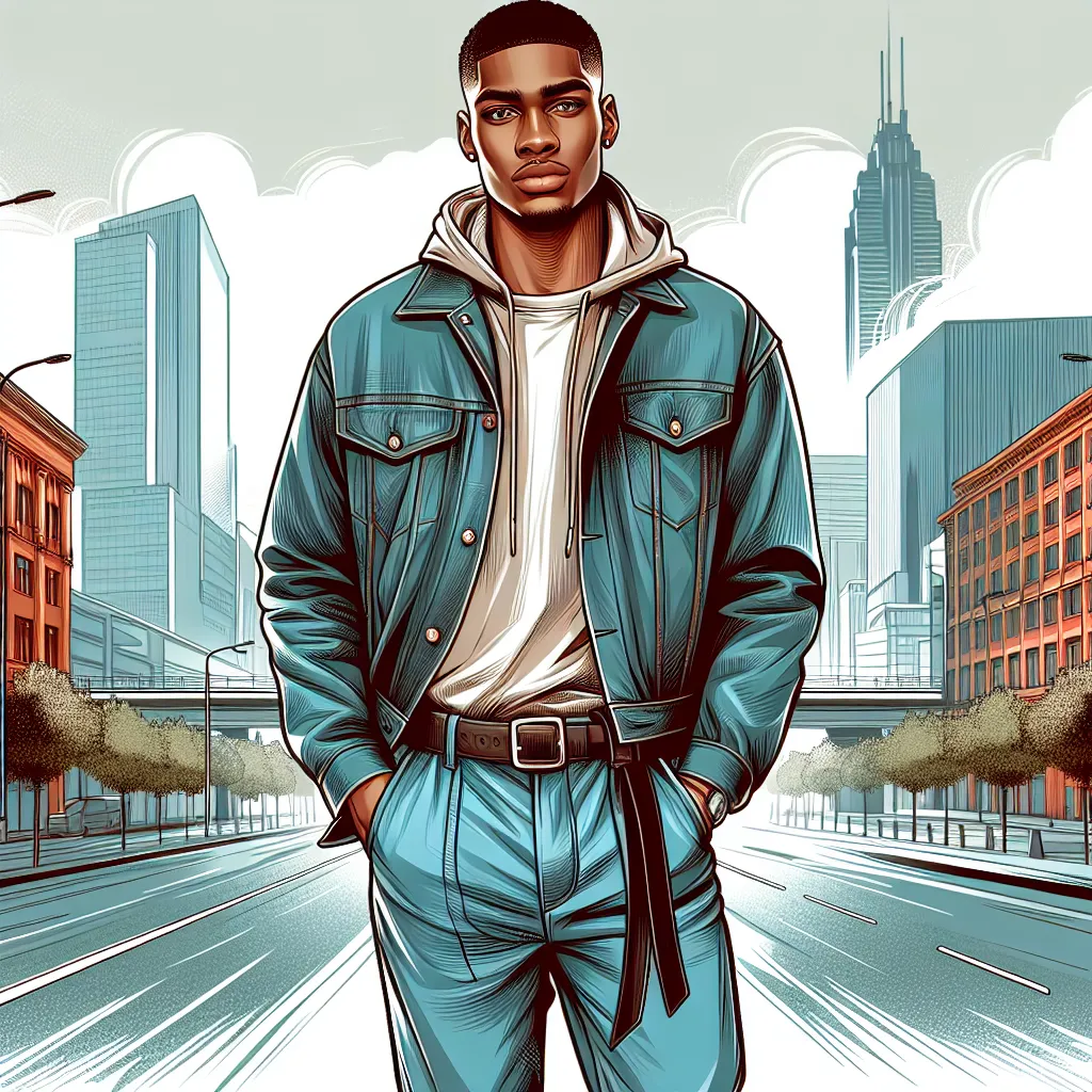 Digital illustration of a young African American man with short hair, dressed in casual streetwear, standing confidently against an urban backdrop.