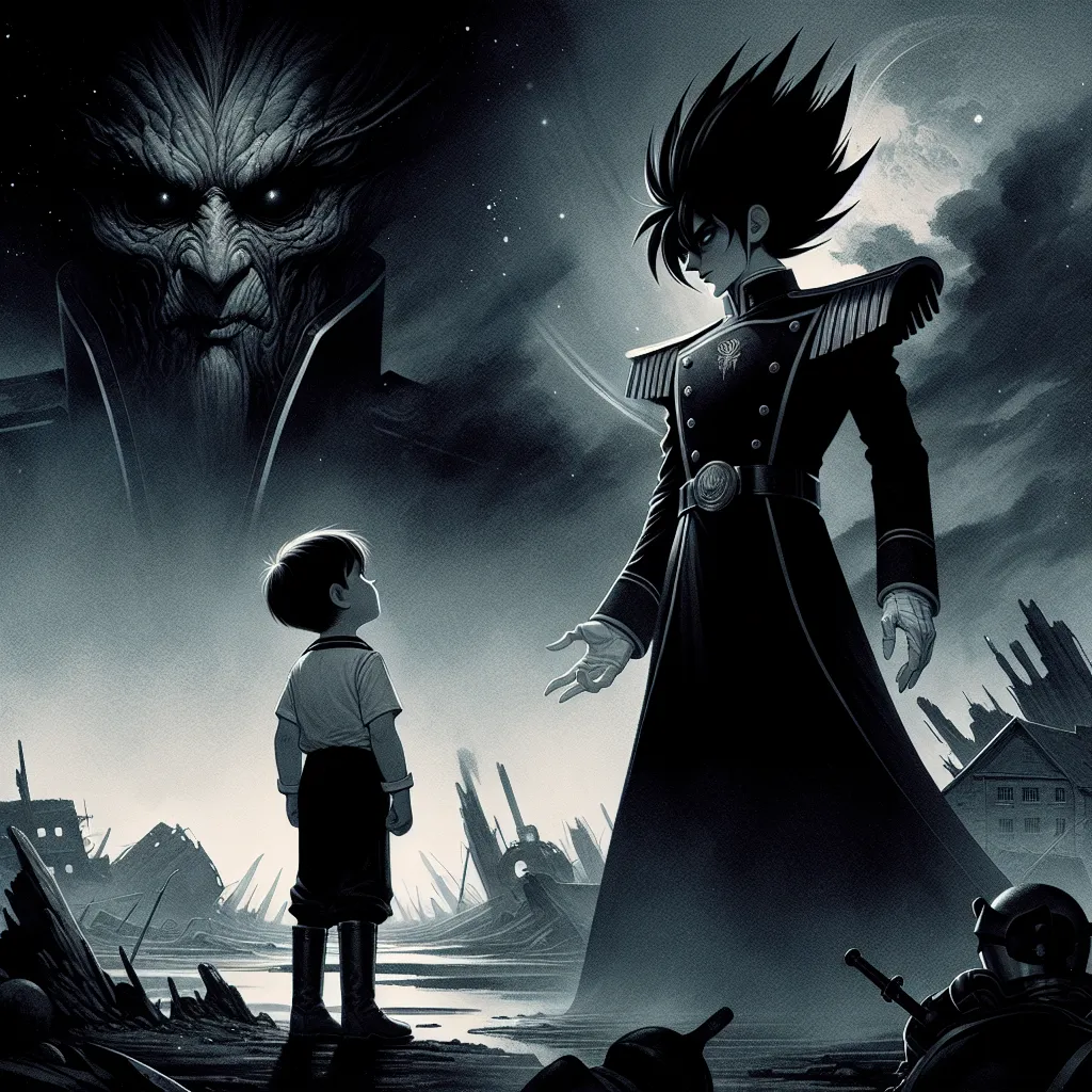 Illustration of a dramatic scene featuring a powerful Saiyan with spiky black hair, wearing an imposing military uniform, standing on a darkened Earth while a gentle, young boy in a simple outfit looks up at him with concern. The background shows a devastated landscape, with hints of the boy's resistance symbol subtly visible. A shadowy figure of Veguetta looms nearby, observing the tension between father and son. The atmosphere conveys a mix of conflict, love, and an underlying sense of danger,