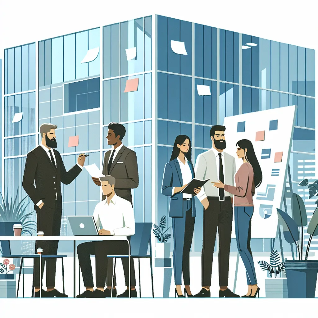 Illustration of a modern office building with business people discussing plans, emphasizing a collaborative teamwork atmosphere.