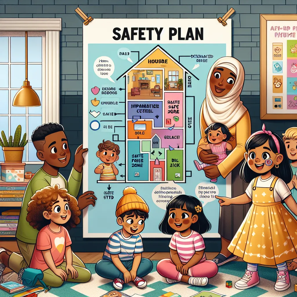 Illustration of a safety plan chart, featuring a house layout, designated safe zones, and a friendly adult guiding children while Joiya interacts with peers in a bright, welcoming environment.