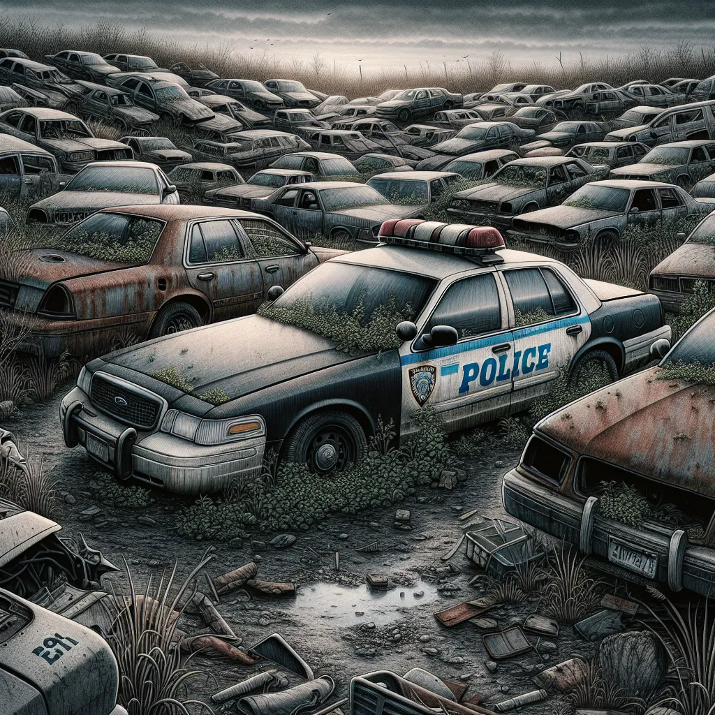 Illustration of a gloomy, overgrown landfill filled with decommissioned New York police cars, prominently featuring a rusted Ford Crown Victoria among various models, with weeds creeping through the hoods, under a cloudy sky.