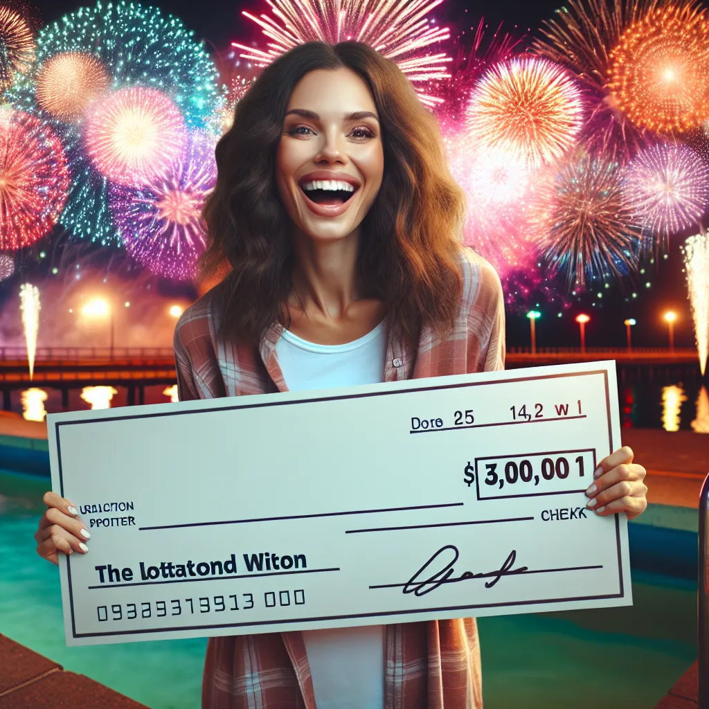 Illustration of a joyful woman holding a giant check in front of a colorful fireworks display, symbolizing a lottery win.