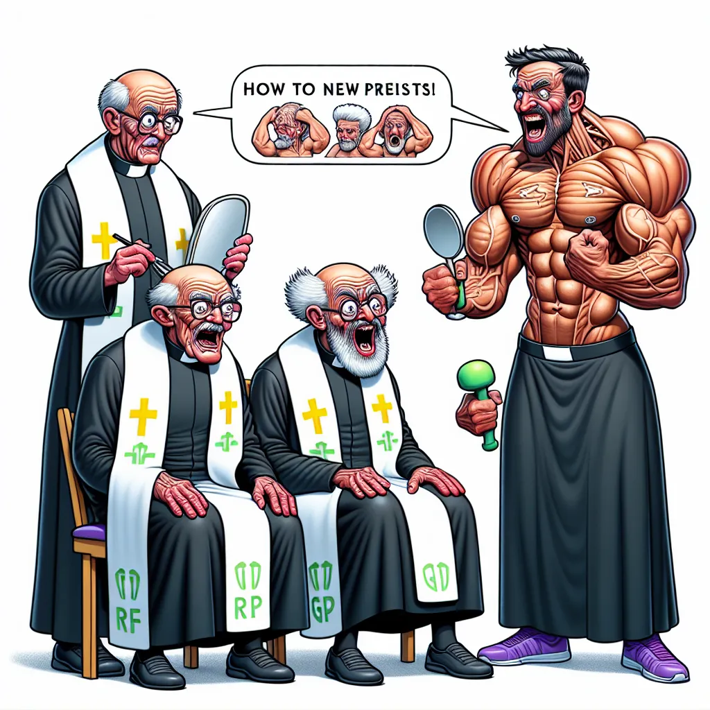 Aquí tienes una breve descripción para una imagen relacionada con tu historia:

**Descripción de la imagen**: "Ilustración divertida y colorida que muestra a tres sacerdotes mayores confundidos en los cuerpos de musculosos actores, admirando sus nuevos reflejos en un espejo mientras que los actores, con expresiones de horror, intentan adaptarse a su nueva apariencia."