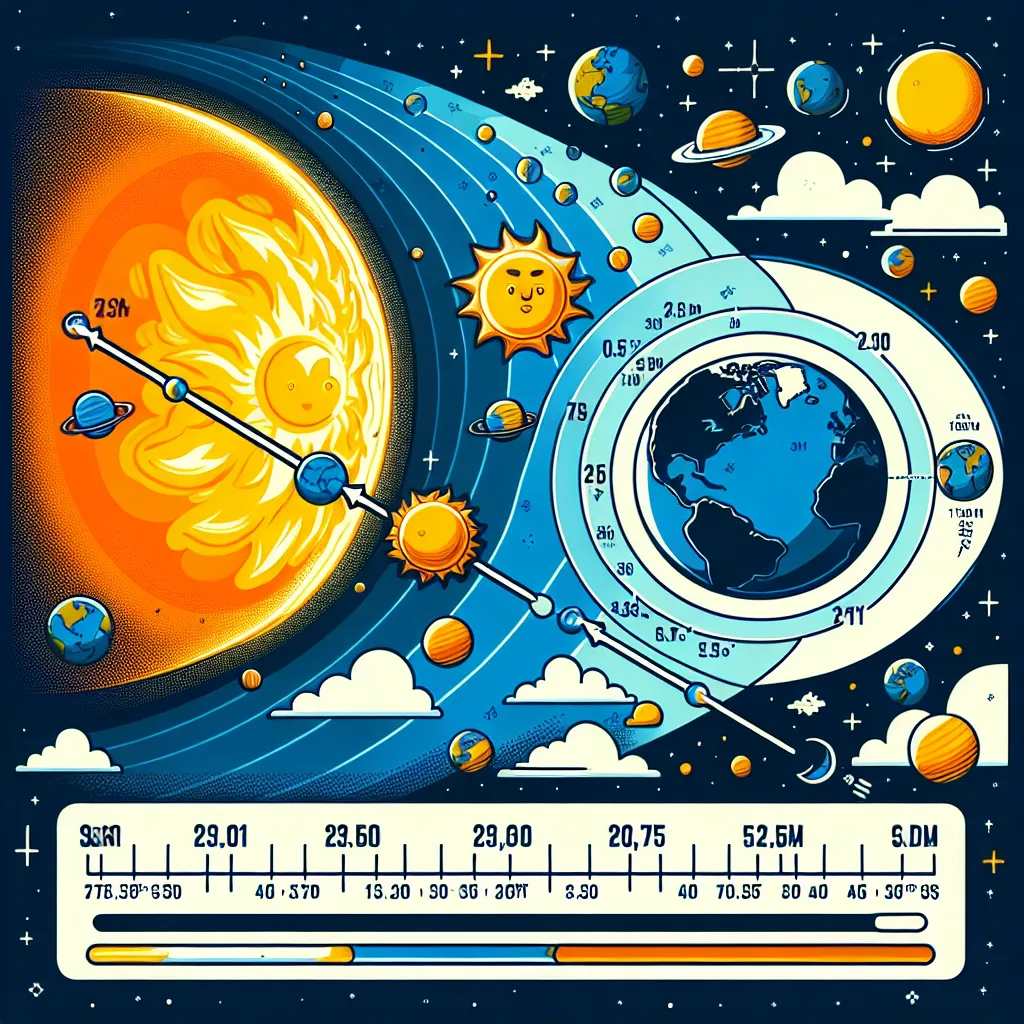 Infographic illustrating the distance from the Earth to the Sun, featuring a scale representation, with Earth on one side and the Sun on the other, including visual landmarks in space for context.
