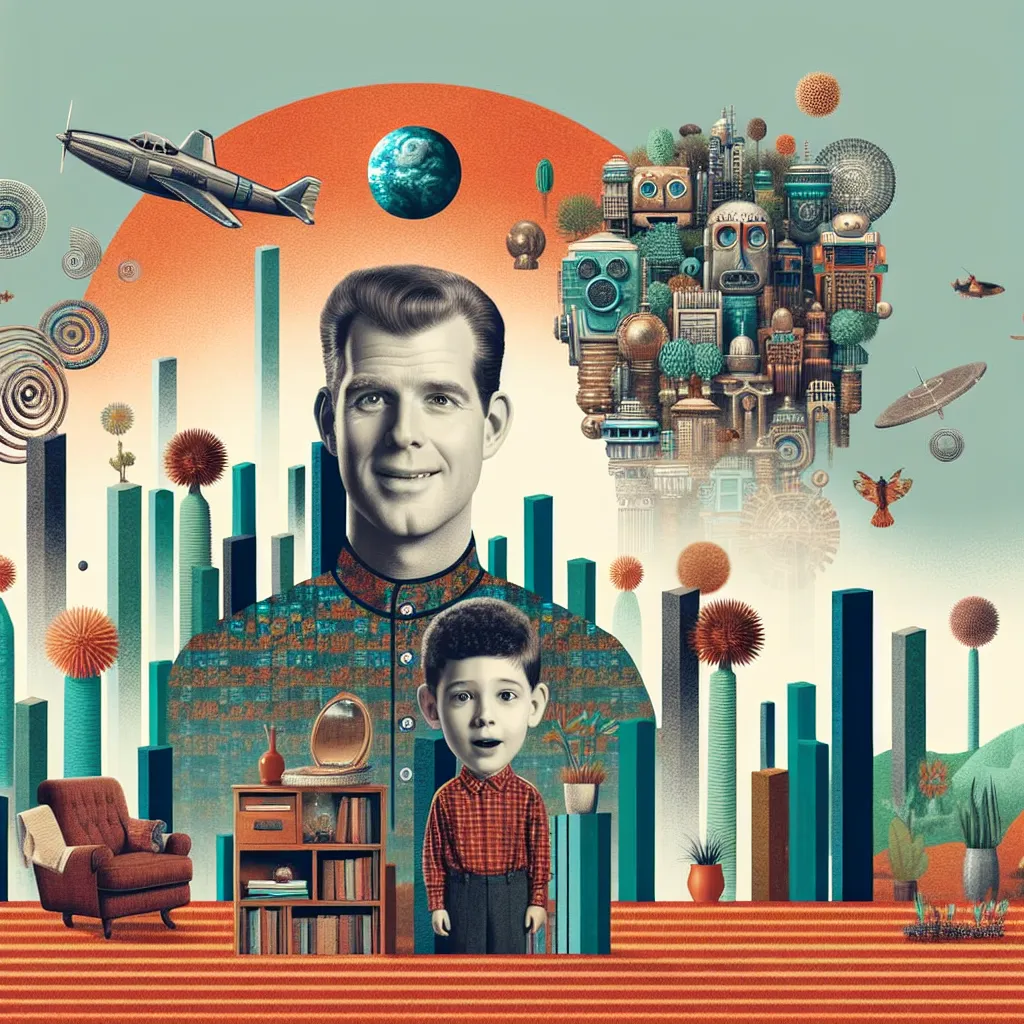 Surreal illustration of a mom and son with swapped heads, standing in their living room, both looking surprised and amused.