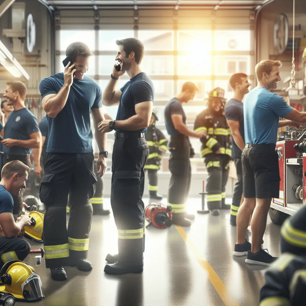 **Image Description:** A lively scene inside a fire station showing firefighters engaged in their daily routines. Some are checking equipment, while others chat and laugh. In one corner, a firefighter is on the phone with his girlfriend, and in another, two colleagues are preparing to head to the gym, showcasing camaraderie and teamwork. Bright sunlight streams through the station windows, highlighting the busy atmosphere.