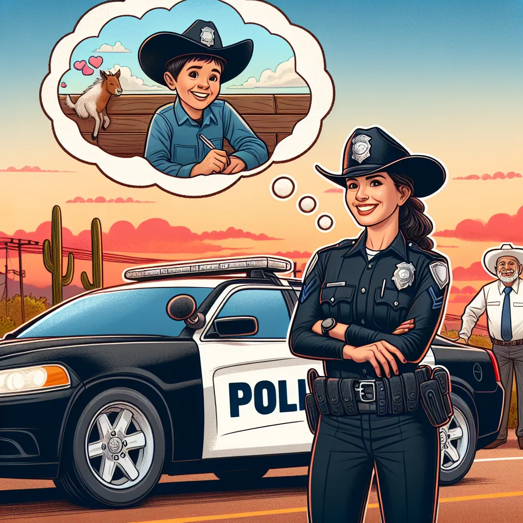 Illustration of a determined young woman in a police uniform, proudly standing next to her police cruiser under a Texas sunset, with a thought bubble depicting her childhood dreams of being a cop, while an older man smiles with admiration in the background.