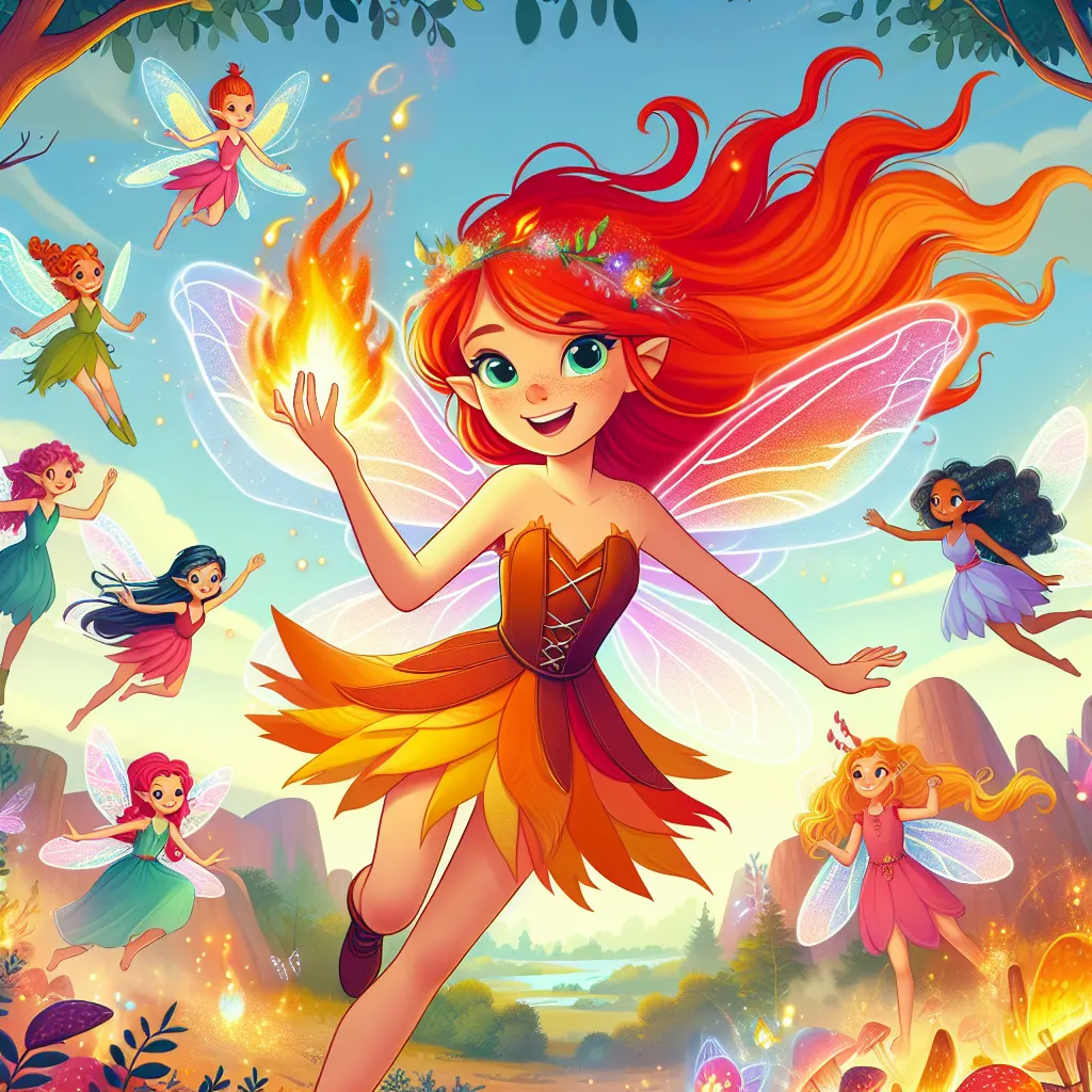 Illustrate Bloom from Winx Club soaring through a vibrant magical realm, surrounded by her fairy friends, as they embark on a quest to rescue a stolen artifact that could restore balance to their world. Bloom uses her fire powers while discovering her true lineage along the way.