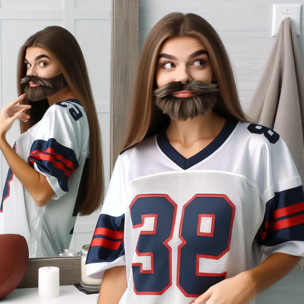 Image of a college girl in a football jersey with faux facial hair, playfully posing in front of a mirror, capturing the humorous moment of her theatrical transformation into her brother.