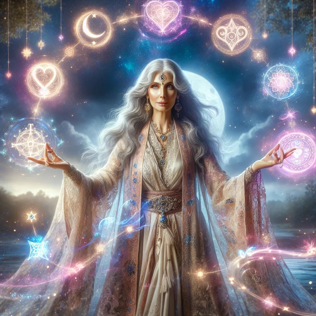 An enchanting illustration of a mystical scene where a powerful sorceress, Mama Parvis, casts spells under a starry sky, surrounded by glowing symbols of love and magic, with soft, ethereal lighting illuminating her figure.