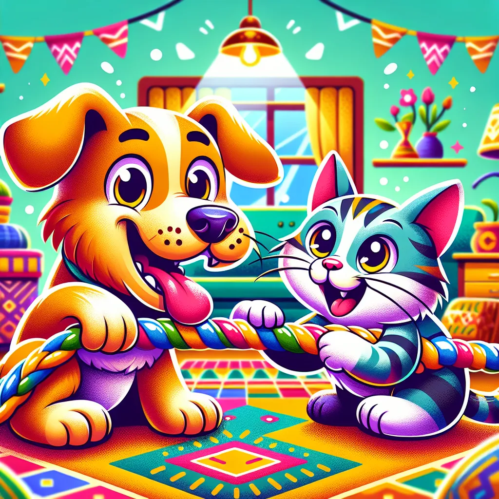 Playful cartoon illustration of a cat and dog playfully tugging on a toy, with exaggerated expressions of rivalry.