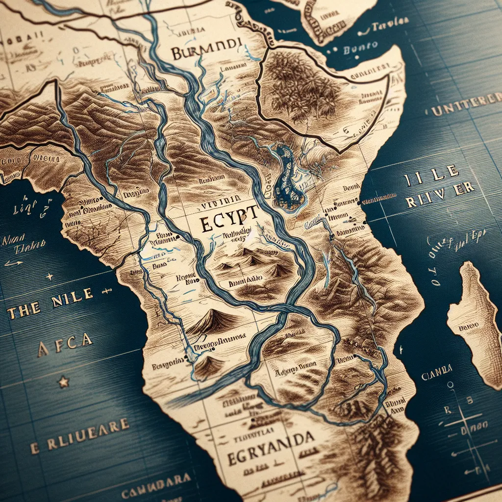 Illustrative map of Africa highlighting the Nile River, marking its source in Burundi and its delta in Egypt.