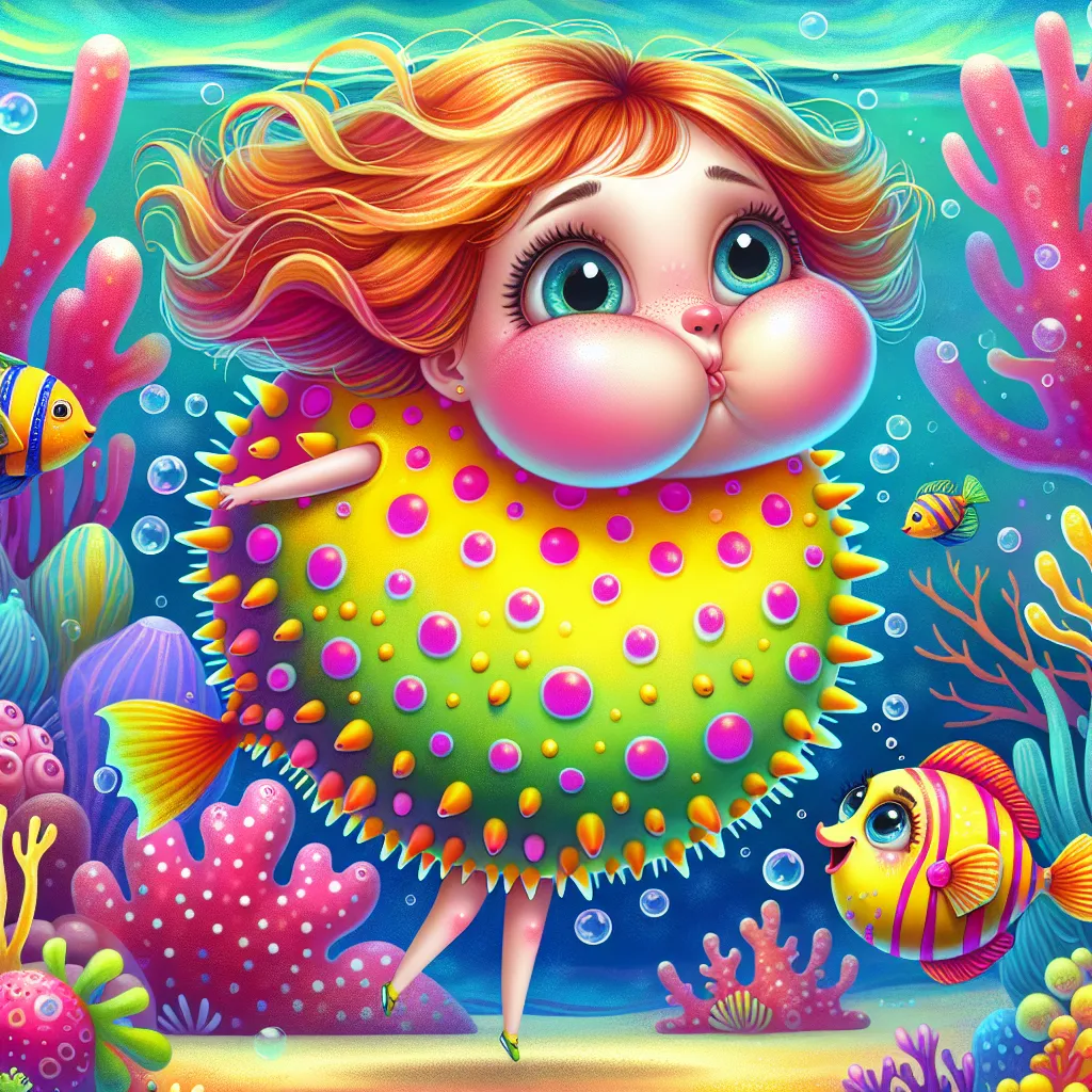 Illustration of a whimsical girl with bright, colorful features resembling a puffer fish, playfully inflating her body against a vibrant underwater backdrop filled with coral and friendly sea creatures.