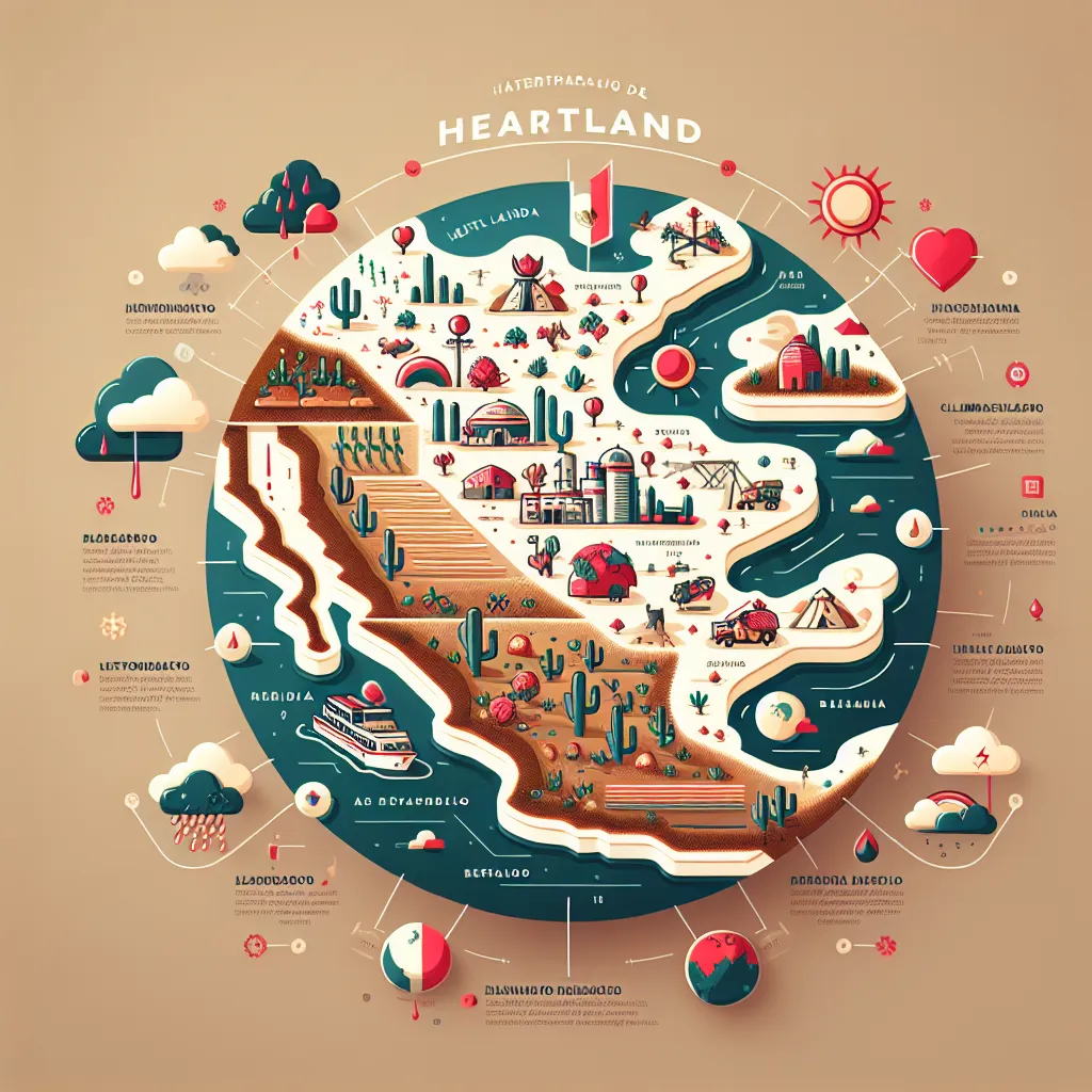 Infographic illustrating the Heartland region of Mexico, highlighting natural hazards like floods and droughts, alongside climate effects on agriculture and communities.