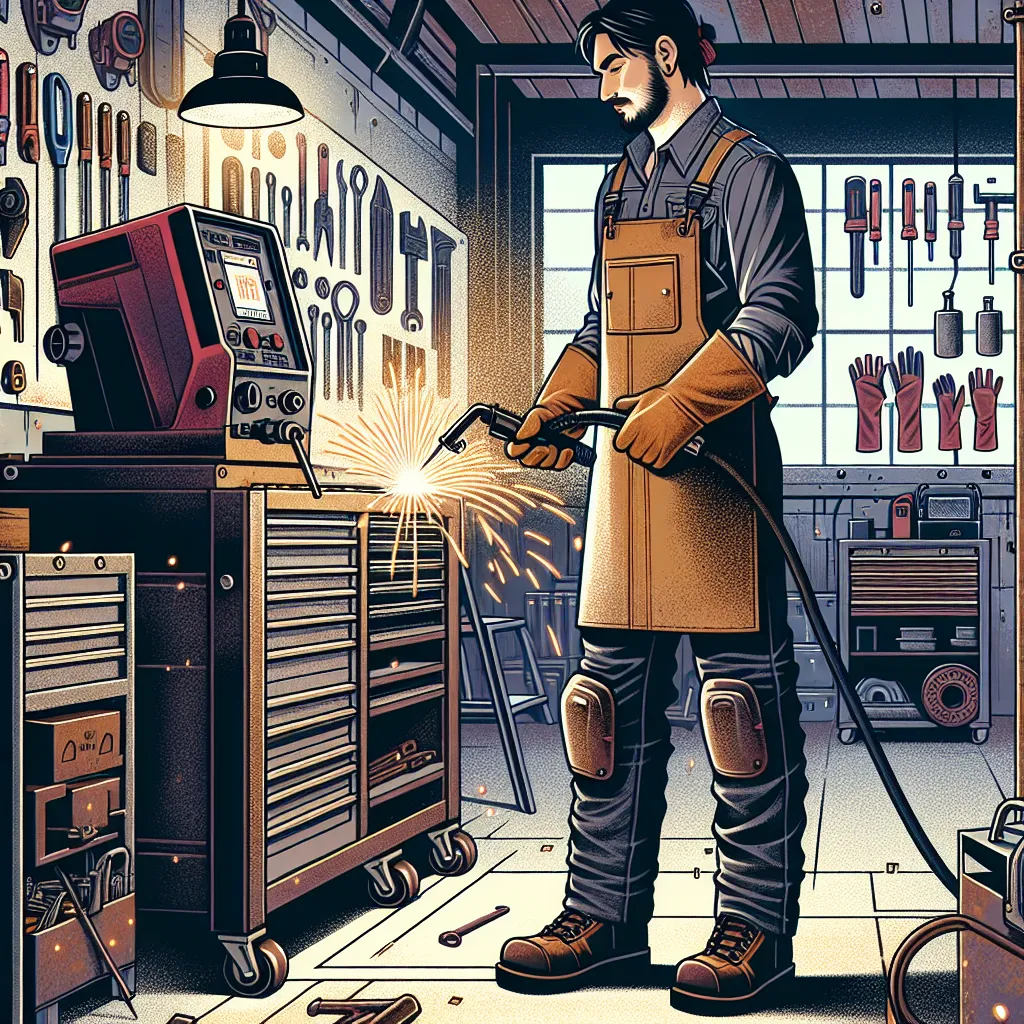 Illustration of a welder dressed in long sleeves, heavy-duty pants, and leather boots, equipped with a helmet and gloves, standing next to welding equipment.