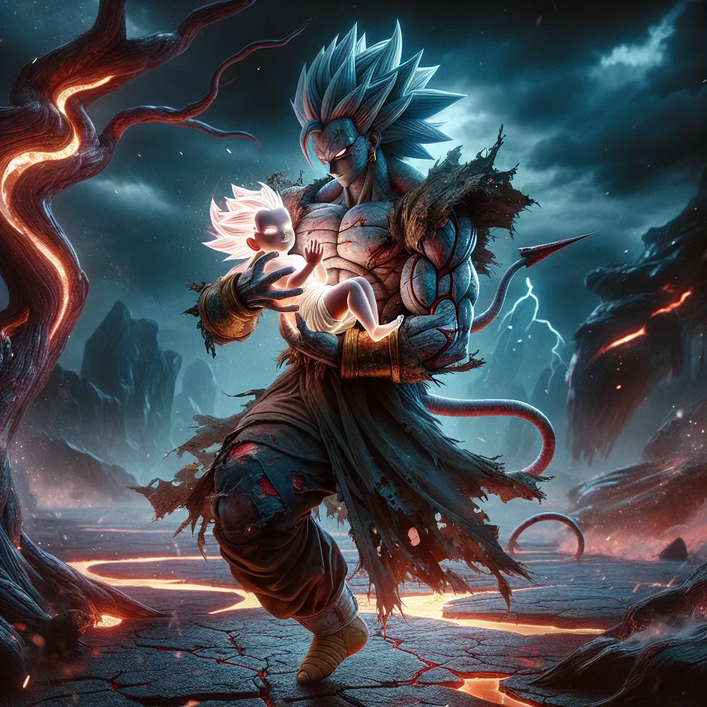 **Título: "El Corazón Oscuro de Turles"**

En un universo alternativo, el malvado Turles, un sayyayin que casi destruyó la Tierra, sobrevive tras caer al planeta y encontrar a un bebé recién nacido. Inicialmente ve al niño como un medio para asegurar su dominación, pero a medida que lo cría, comienza a experimentar un amor paternal desconocido. El niño crece con un espíritu pacifista y nobleza, lo que provoca tensiones con su violento padre, quien anhela el dominio total sobre la Tierra.

A medi