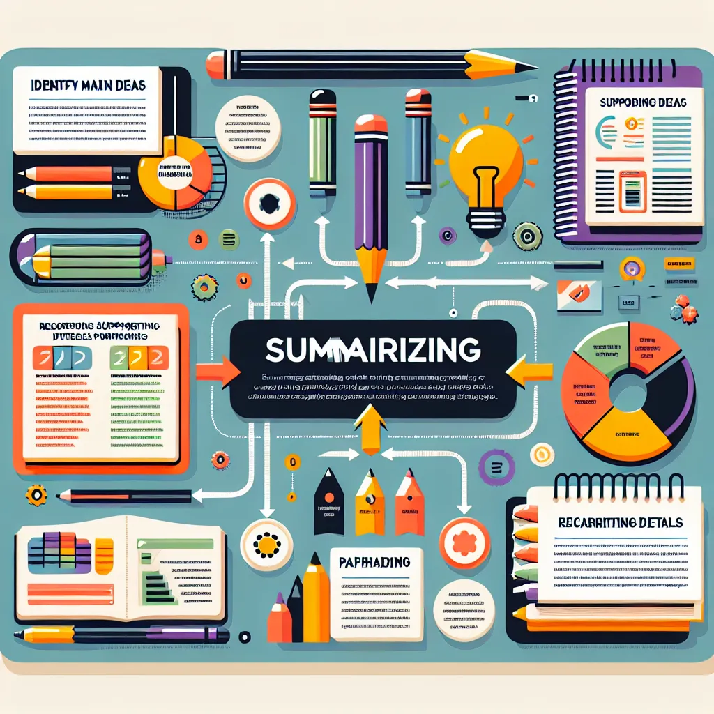 Infographic illustrating summarizing strategies, featuring key elements like main ideas, supporting details, and paraphrasing, with reference icons for sources.