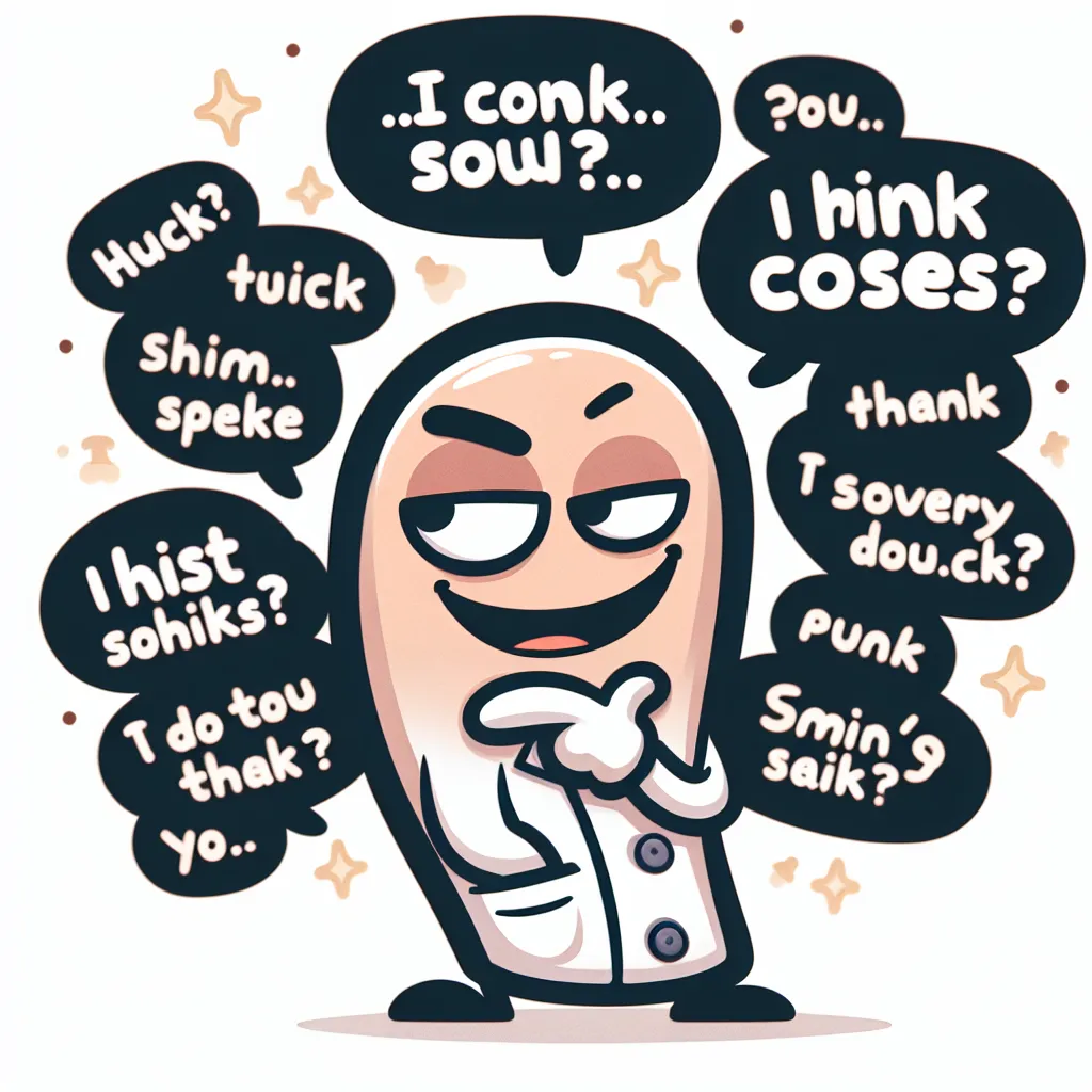 Illustration of a whimsical cartoon character with a sly smile, engaged in conversation, surrounded by playful speech bubbles containing quirky phrases and puns.