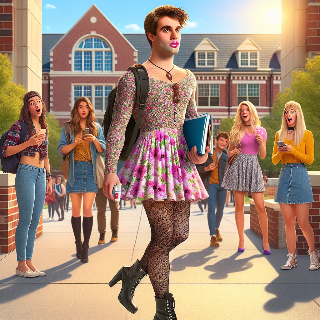 **Title: The Accidentally Fabulous Morning**

Jake woke up late, the sound of his alarm blaring like a siren across his small college apartment. After a quick shower, he wrapped himself in a towel and dashed down the hallway, his mind racing with thoughts of his first class of the day. He needed to hurry; the lecture wasn't going to wait for him.

In his haste, Jake burst into what he thought was his room, completely oblivious that it belonged to his housemate, Sarah. He quickly got dressed, pul