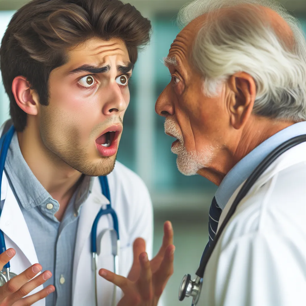 Imagen de un joven médico residente conversando con un doctor mayor en un hospital, generando una intensa conversación con gestos de tensión y sorpresa.