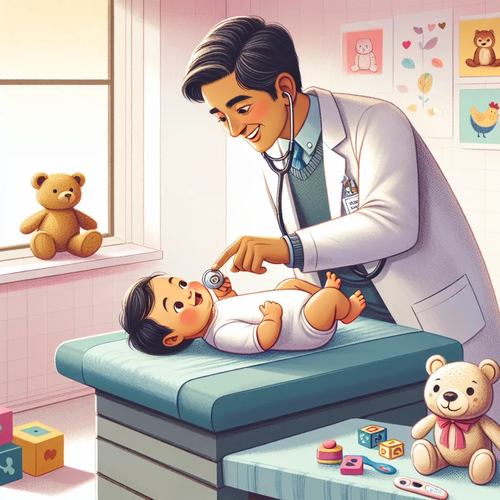 Illustration of a pediatrician gently examining a smiling infant, highlighting reflexive behaviors like grasping with colorful toys around.