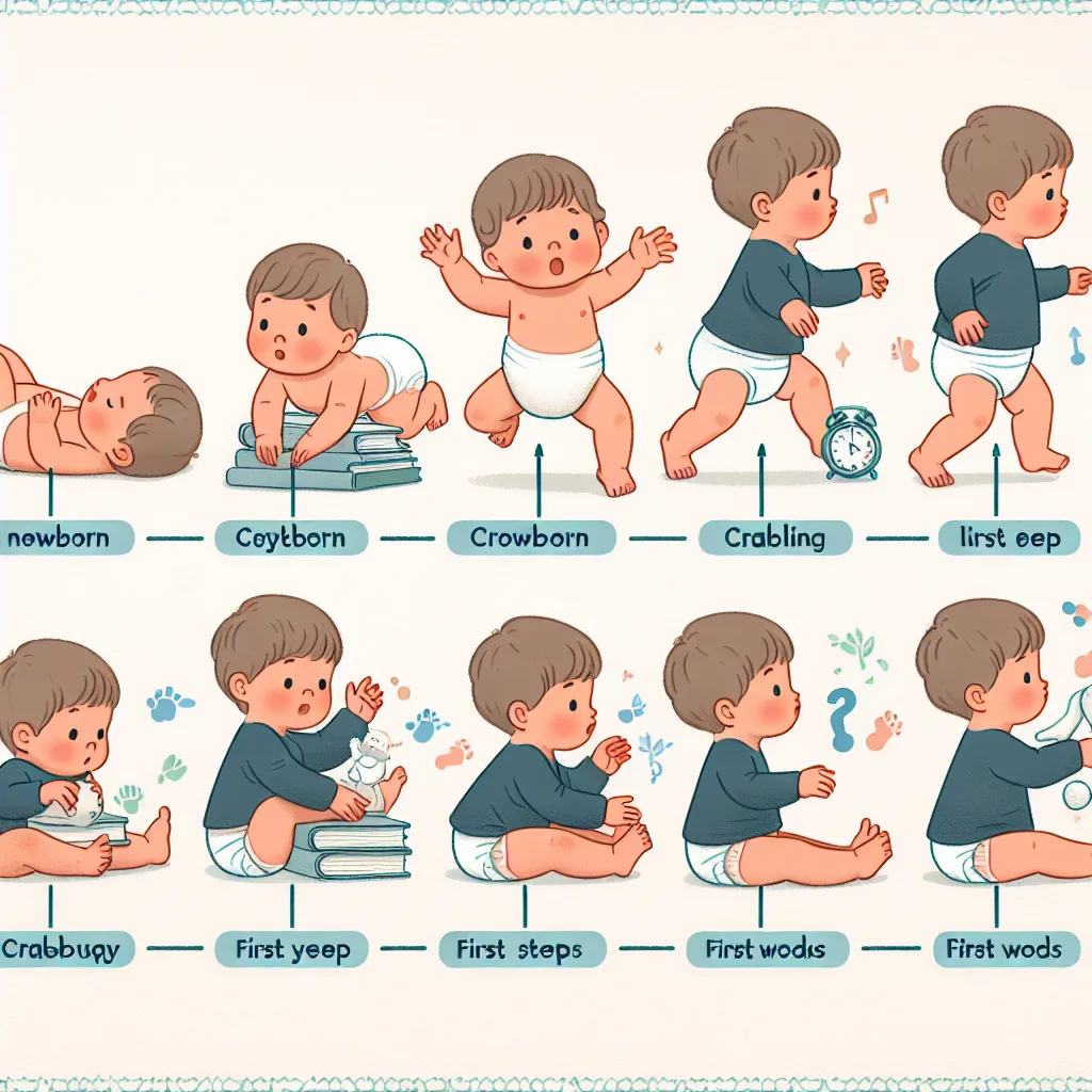 Illustration of a timeline depicting the stages of infancy, with milestones showing progression from newborn to toddler.