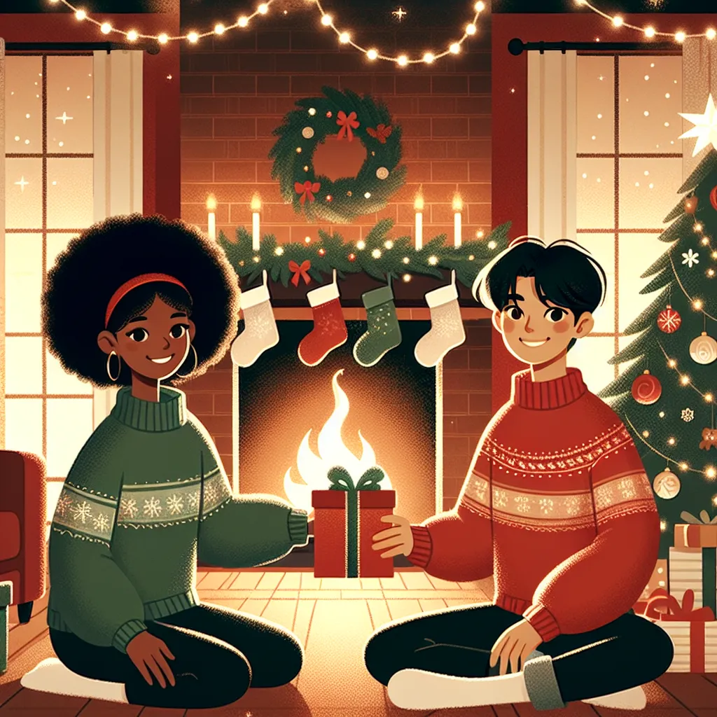 Warm and festive illustration of two friends exchanging gifts by a cozy fireplace, surrounded by Christmas decorations and a beautifully adorned tree.