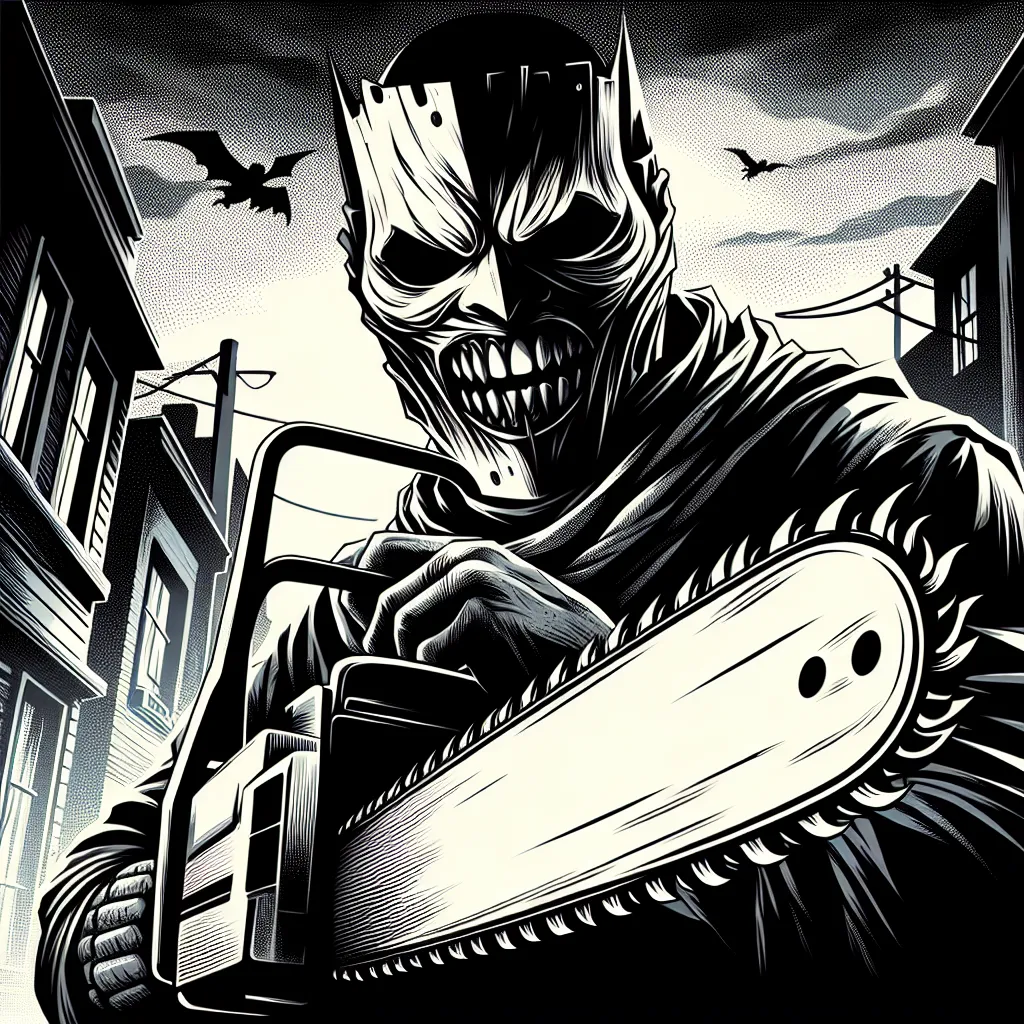 Illustration of a terrifying, masked figure known as Sawcrazy, with a menacing expression, holding a chainsaw in a dark, eerie urban setting.