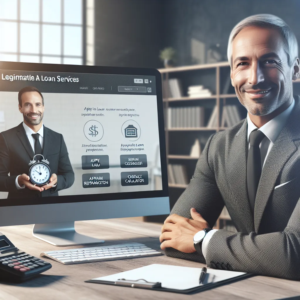Image of a computer screen displaying a website for legitimate loan offers, with a friendly financial advisor ready to assist.