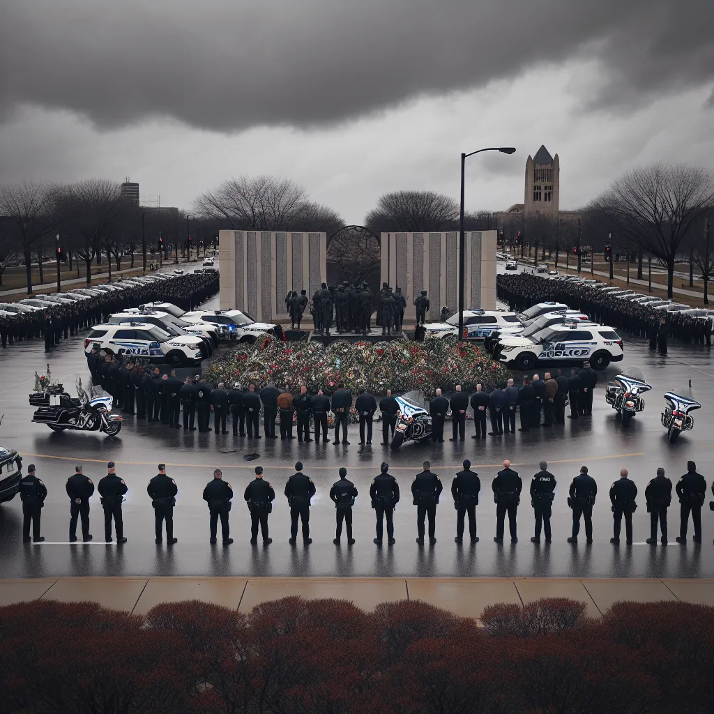 Image of a solemn procession of police cars and motorcycles lined up under a gray sky, with officers standing respectfully in a circle, some holding flowers. In the background, a memorial with fallen officers' names written on a stone. The atmosphere is quiet and reflective, evoking a sense of honor and remembrance.