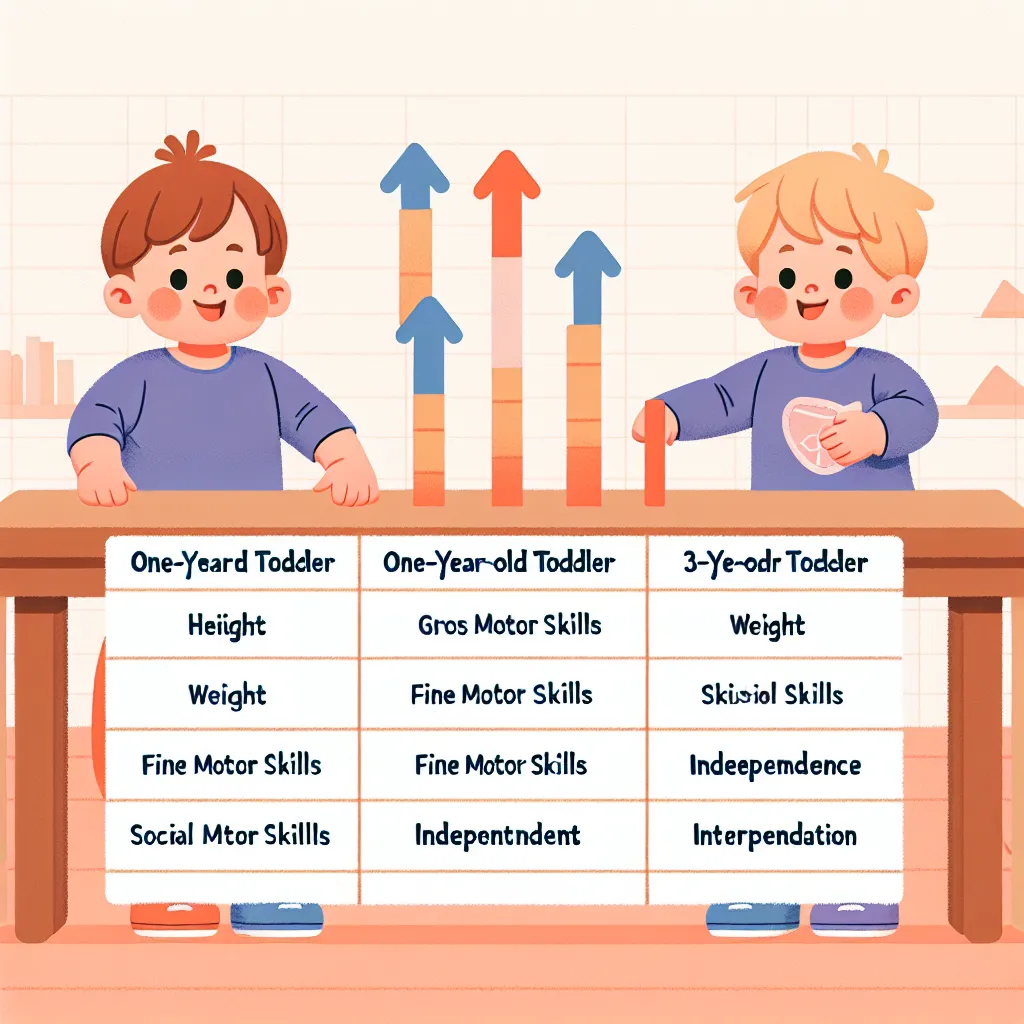 Here's a simple table comparing the physical growth characteristics of a one-year-old toddler with those of a three-year-old toddler, along with their impact on overall development and abilities:

| **Characteristic**         | **One-Year-Old Toddler**                   | **Three-Year-Old Toddler**                   | **Impact on Development**                     |
|----------------------------|--------------------------------------------|---------------------------------------------|-----------