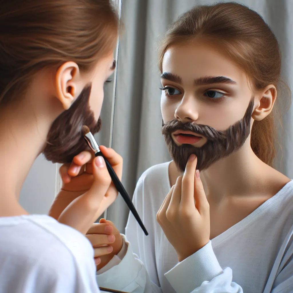 Image of a teenage girl in front of a mirror, meticulously applying theatrical makeup to resemble a beard, giving the illusion she looks like her brother. She appears focused and satisfied with her transformation.