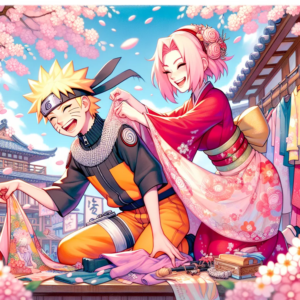 Illustration of Naruto and Sakura in a vibrant anime style, with Sakura playfully dressing Naruto in feminine clothing, while both share a lighthearted moment surrounded by cherry blossoms in the Naruto universe.
