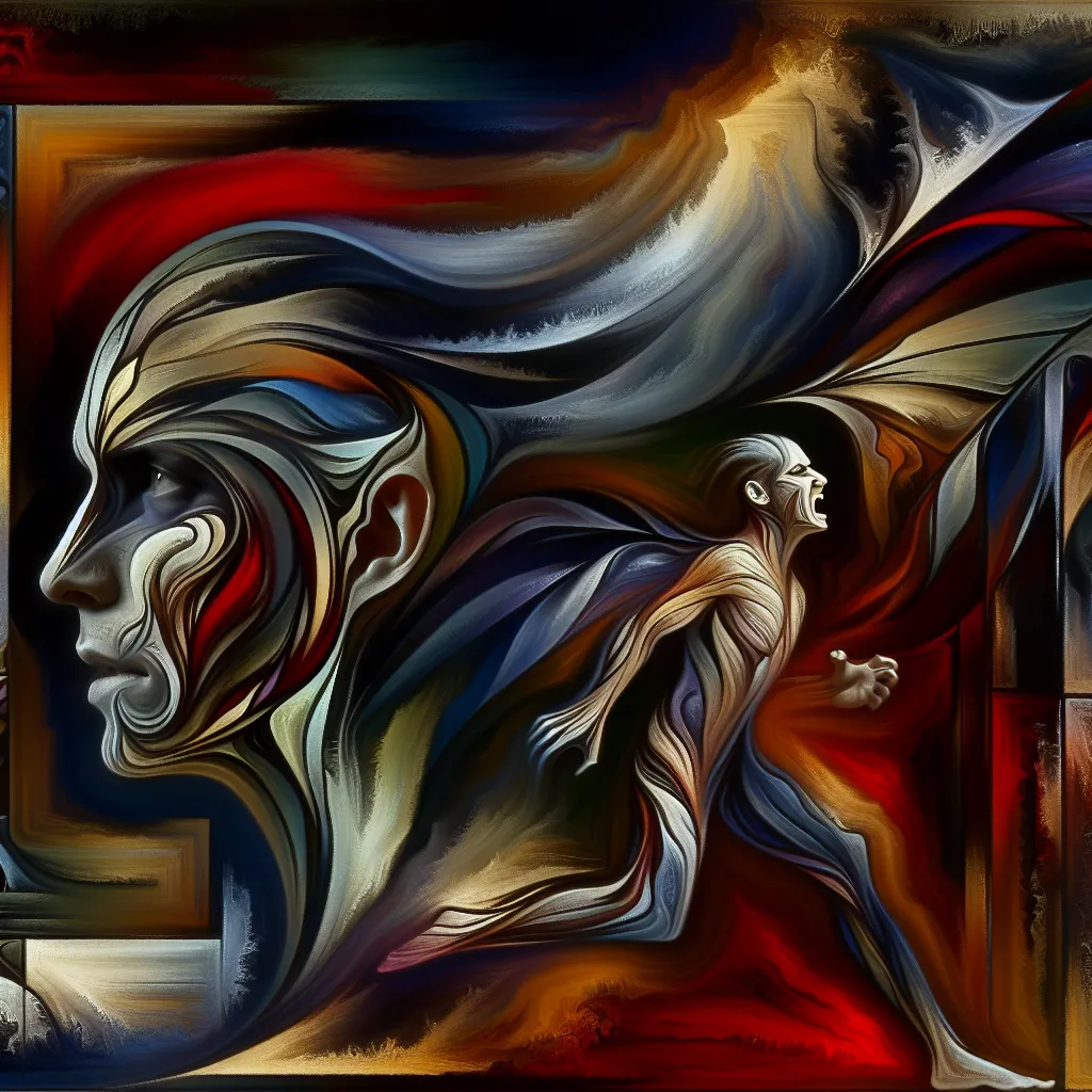 Vampiro, Hijo, Arrepentimiento, Transformación, Huida in an abstract style