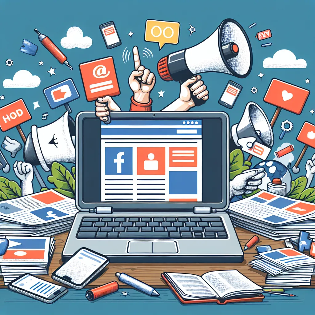 Digital illustration of a laptop displaying a website, surrounded by social media icons, flyers, and a megaphone.