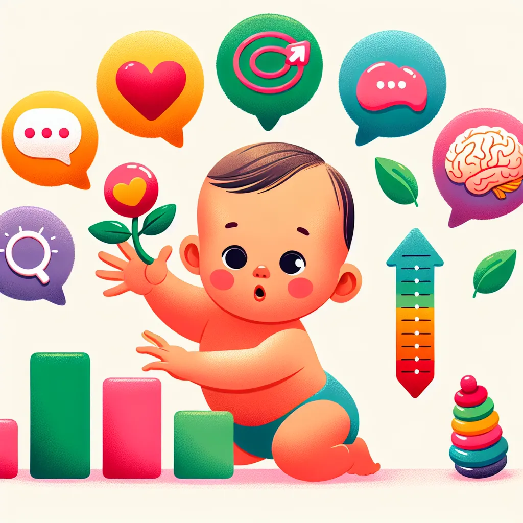 Illustration of a baby reaching for a toy while surrounded by milestone markers like a heart for bonding, speech bubbles for language, a growth chart, and a brain graphic indicating development.