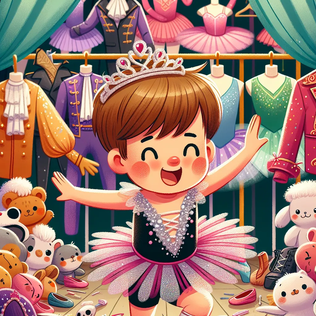 Illustration of a young boy in a sparkly ballet costume, playfully twirling backstage at a ballet recital, surrounded by colorful costumes and props.